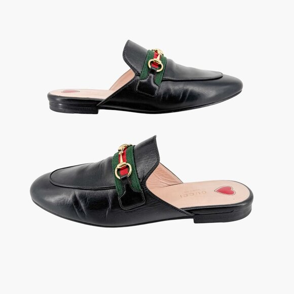 Gucci Princetown Horsebit Loafer Mule EU 38 US 8 Black Leather Flat Web Stripe - Picture 7 of 13